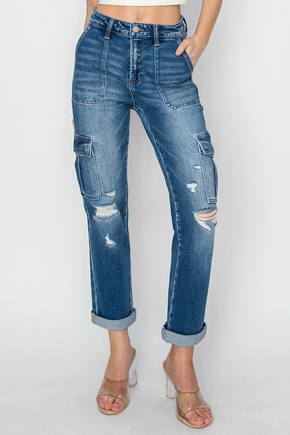 RISEN Full Size High Rise Cargo Ankle Roll Up Straight Jeans - Image 4