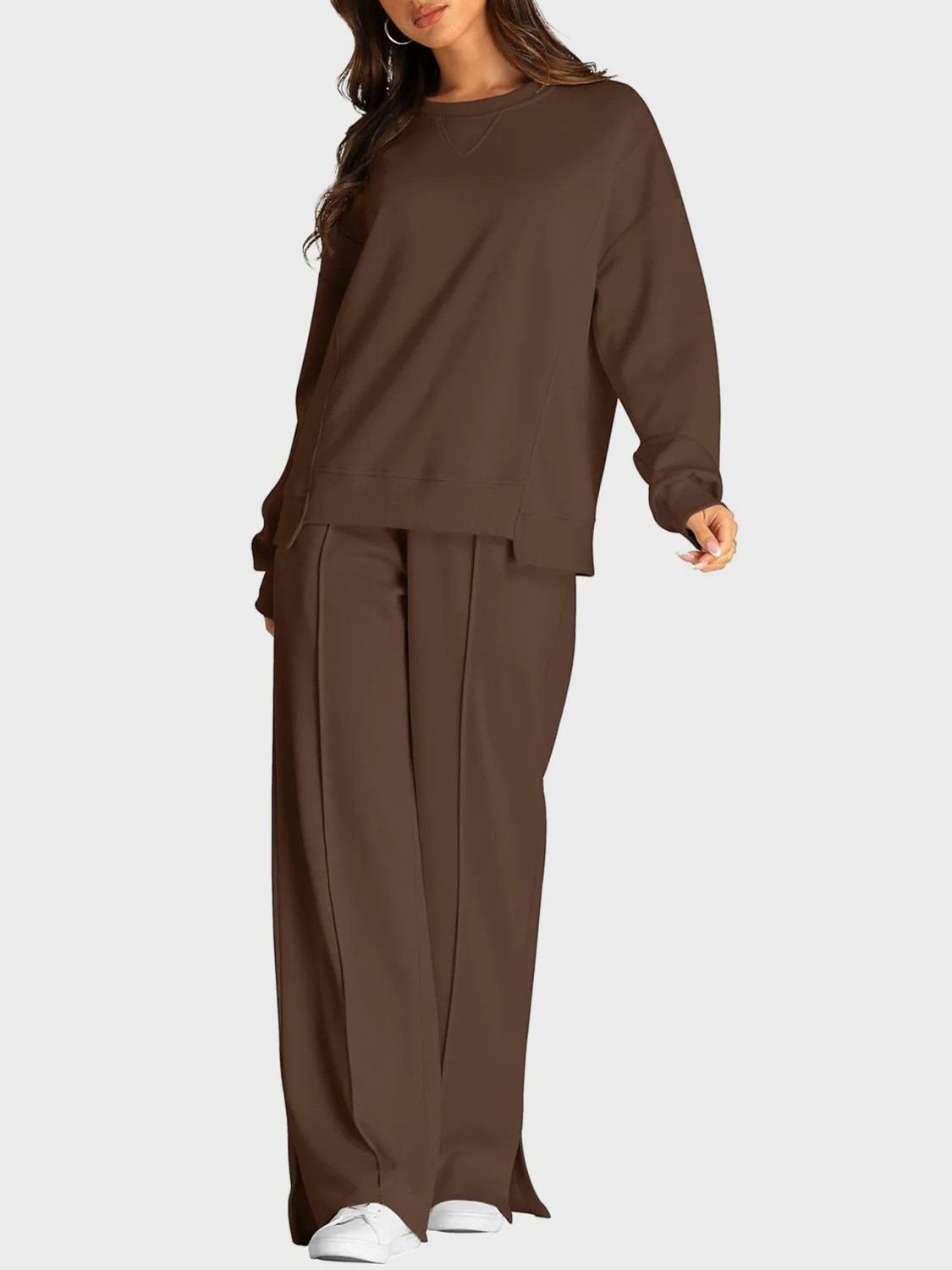 Round Neck Long Sleeve Top and Slit Pants Set - Image 10