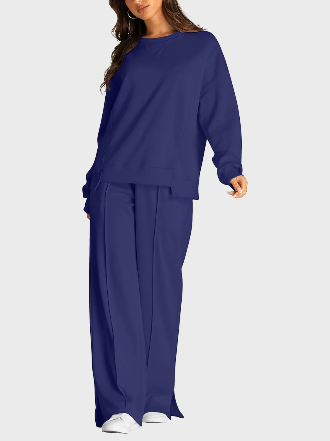 Round Neck Long Sleeve Top and Slit Pants Set - Image 14