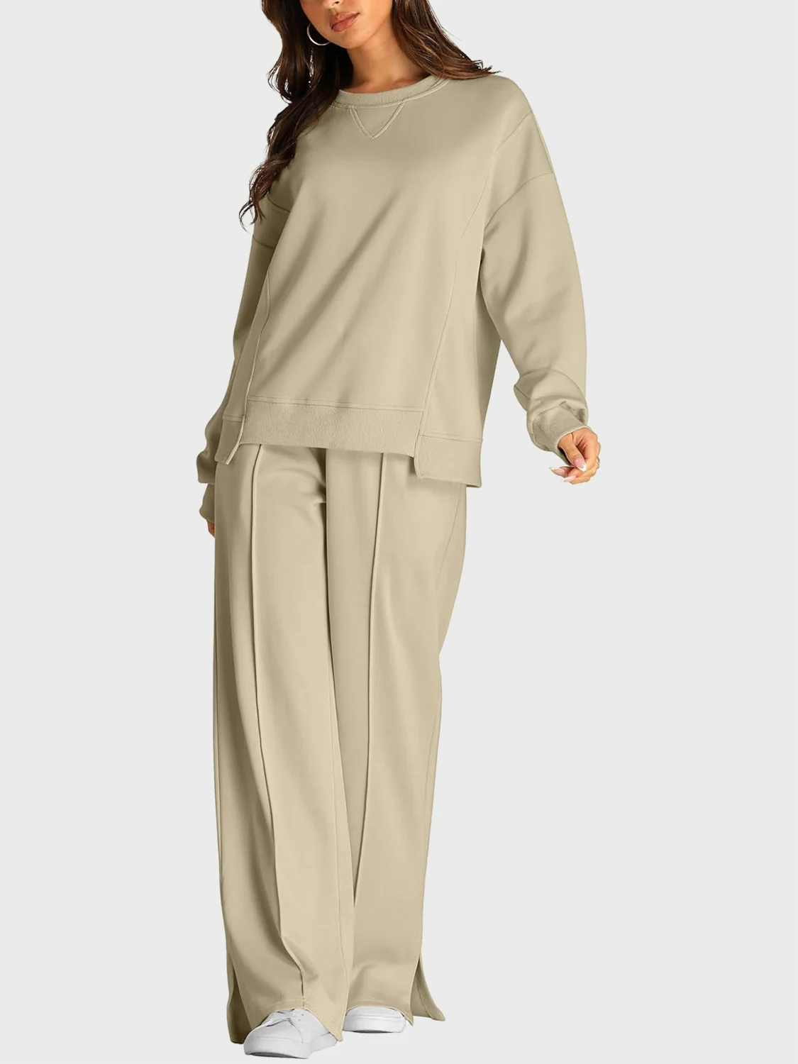 Round Neck Long Sleeve Top and Slit Pants Set - Image 17
