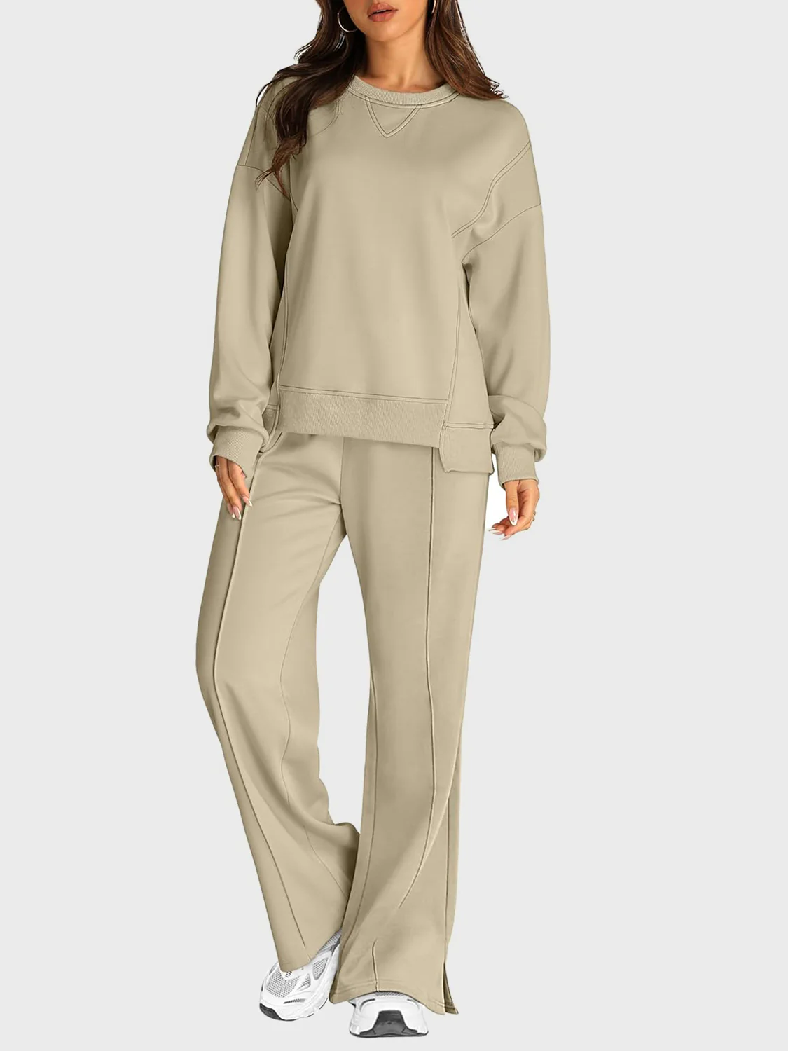 Round Neck Long Sleeve Top and Slit Pants Set - Image 18