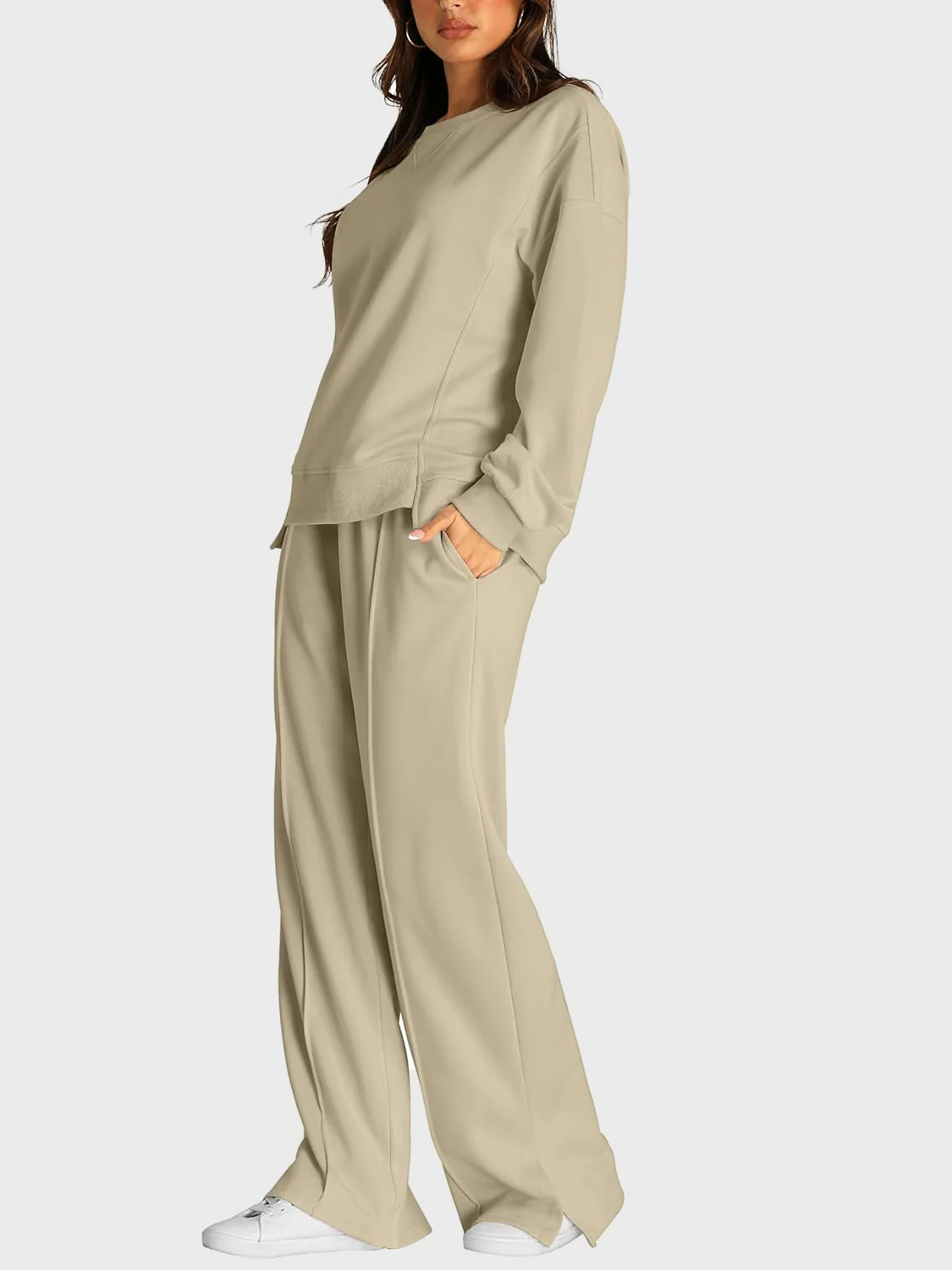 Round Neck Long Sleeve Top and Slit Pants Set - Image 19
