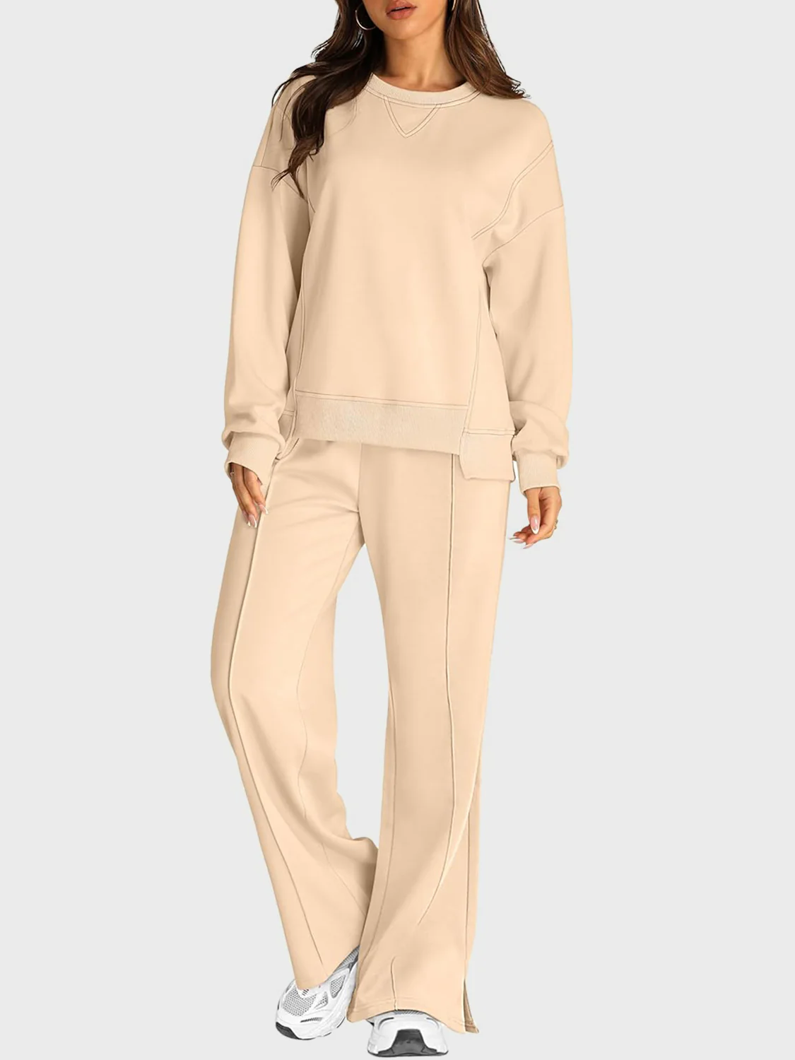 Round Neck Long Sleeve Top and Slit Pants Set - Image 21