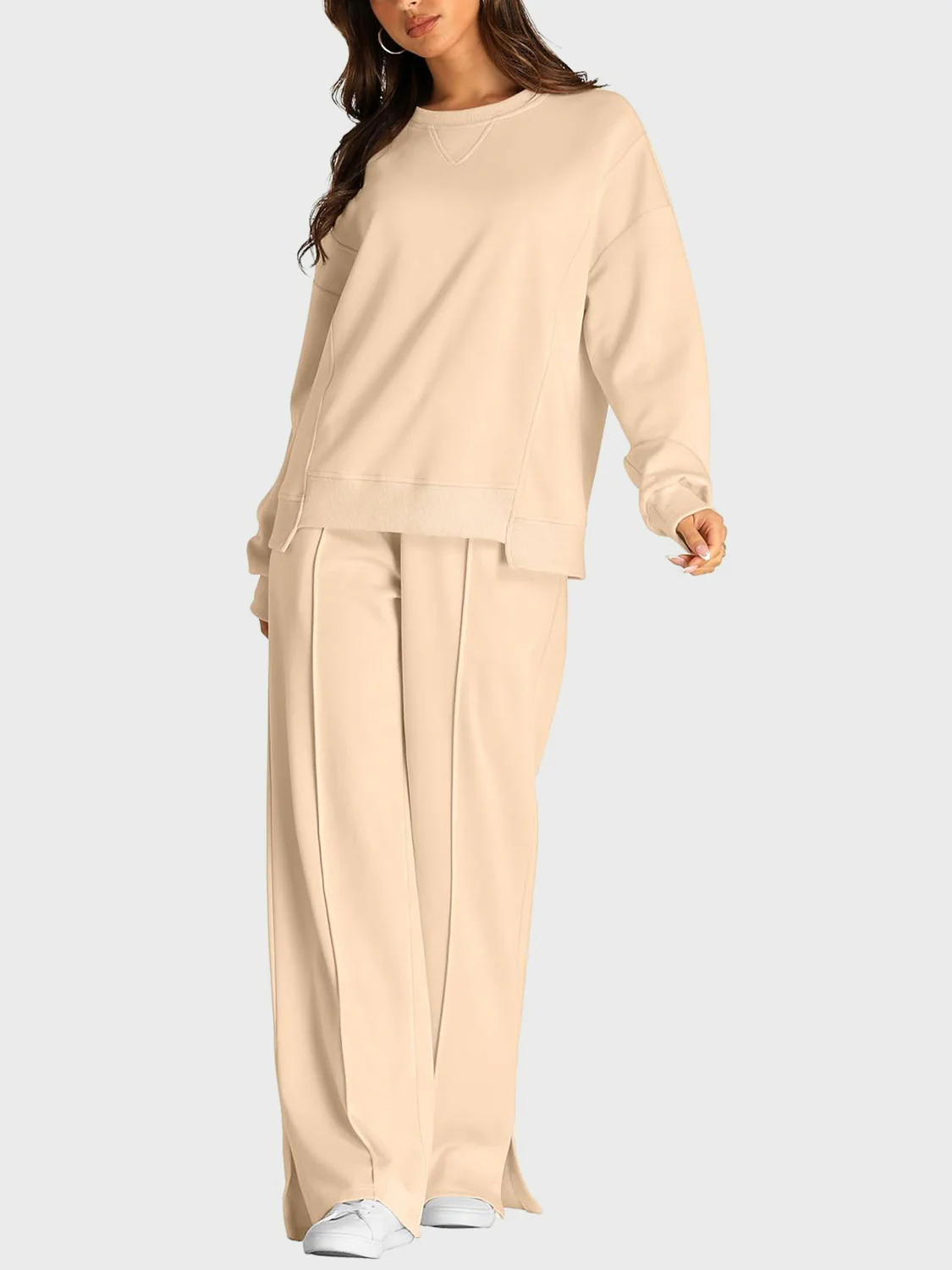 Round Neck Long Sleeve Top and Slit Pants Set - Image 22