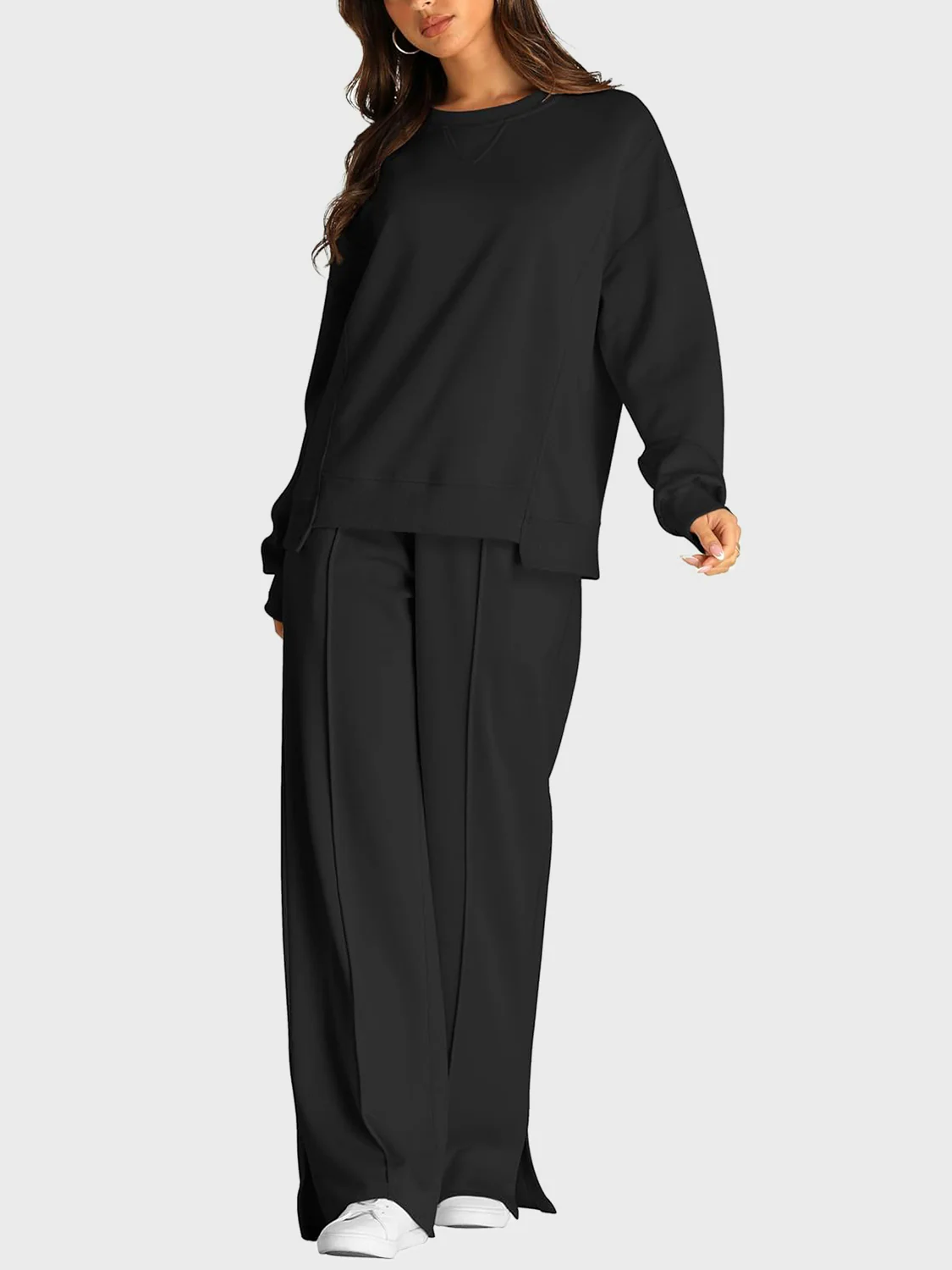 Round Neck Long Sleeve Top and Slit Pants Set - Image 6