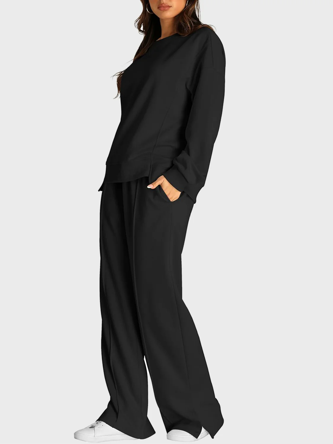 Round Neck Long Sleeve Top and Slit Pants Set - Image 7
