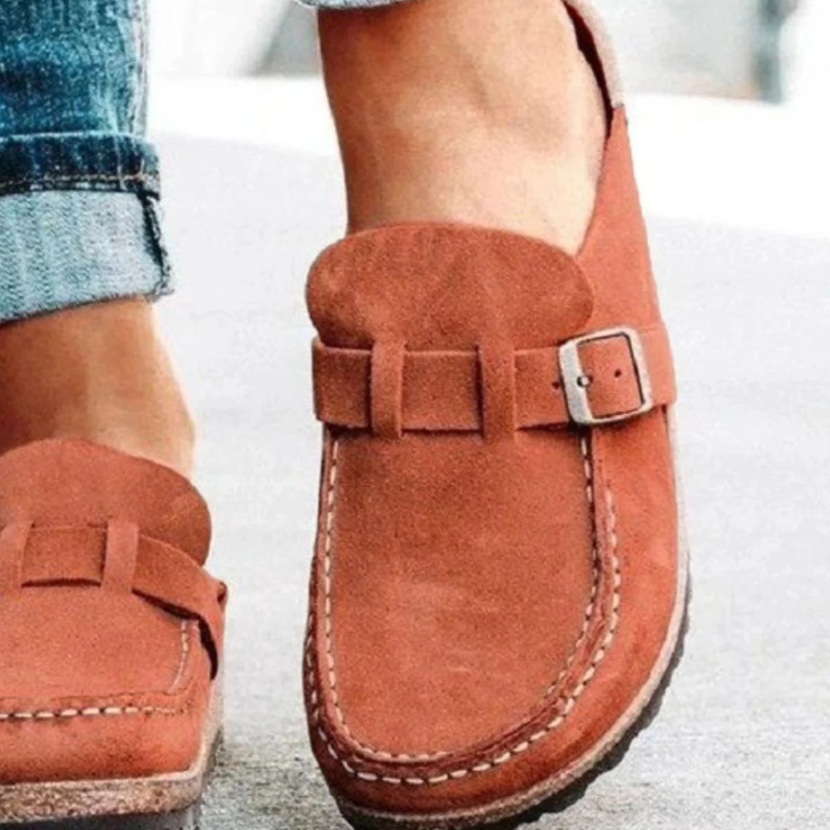 Round Toe Low Heel Buckle Loafers - Image 14