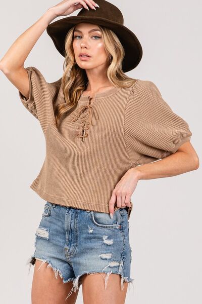Lace-Up Waffle Knit Crop Top - Image 4