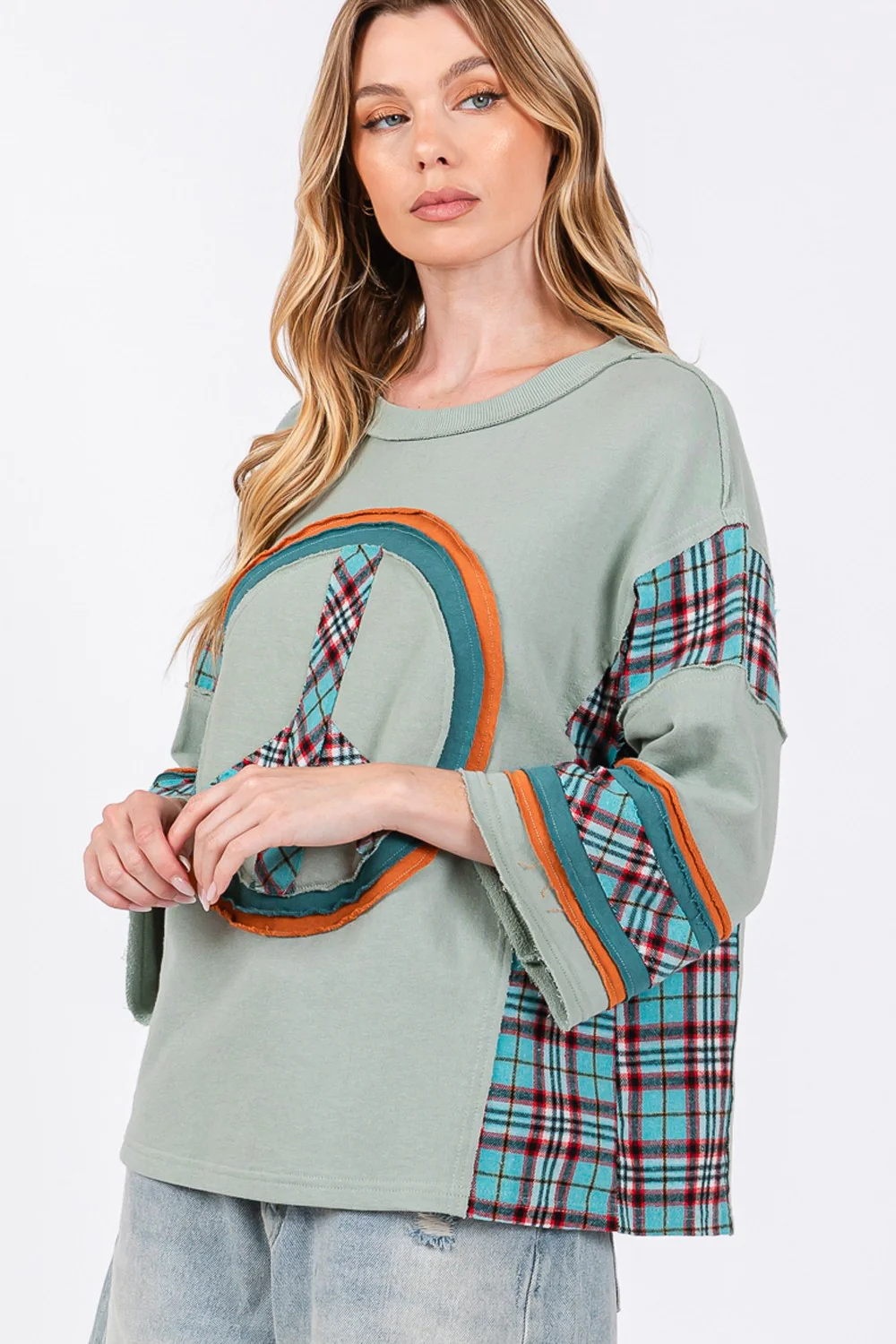 SAGE + FIG Peace Applique Patch Contrast Plaid Top - Image 3