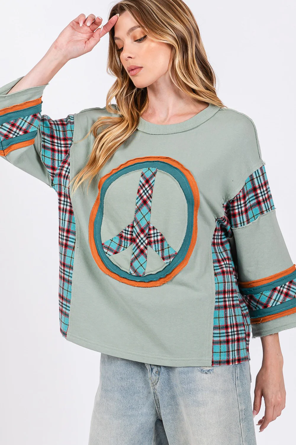 SAGE + FIG Peace Applique Patch Contrast Plaid Top - Image 4