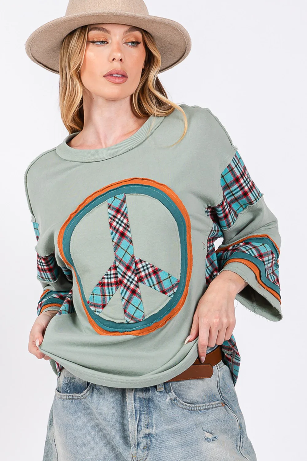 SAGE + FIG Peace Applique Patch Contrast Plaid Top - Image 6