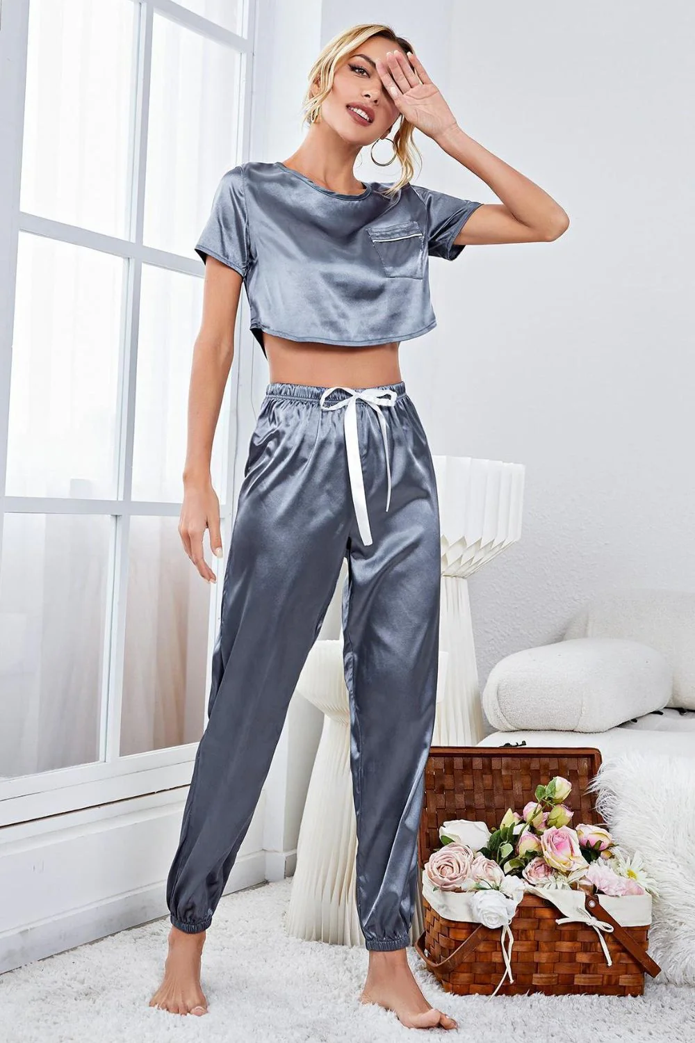 Satin Short Sleeve Crop Top and Joggers Lounge Set - Image 3