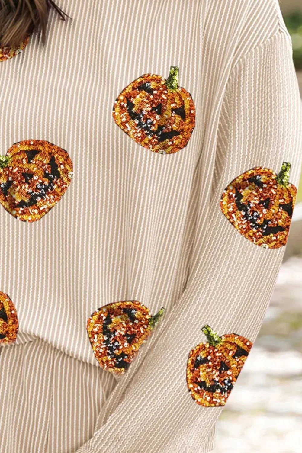 Sequin Pumpkin Round Neck Top and Shorts Set - Image 3