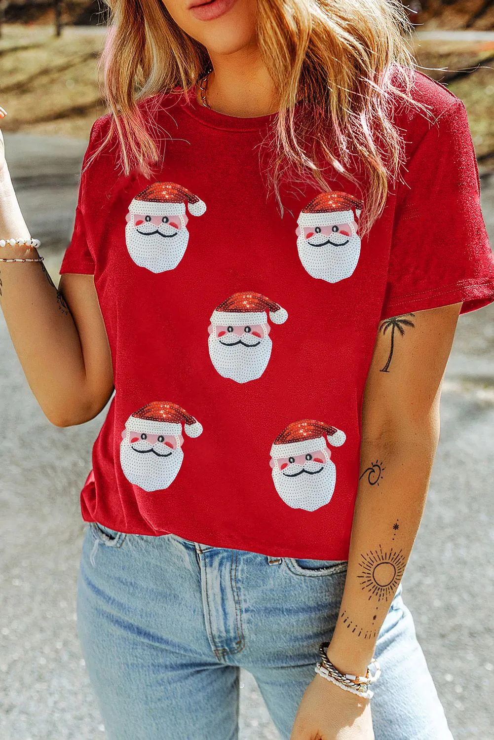 Sequin Santa Round Neck Short Sleeve T-Shirt - Image 4