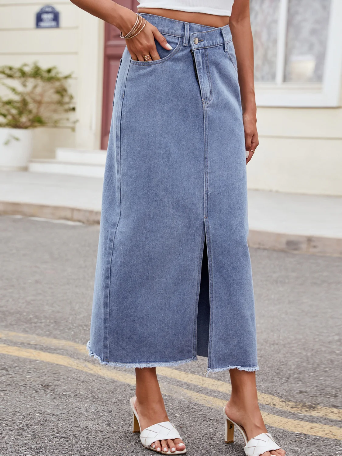 Slit Asymmetrical Waist Denim Skirt - Image 3
