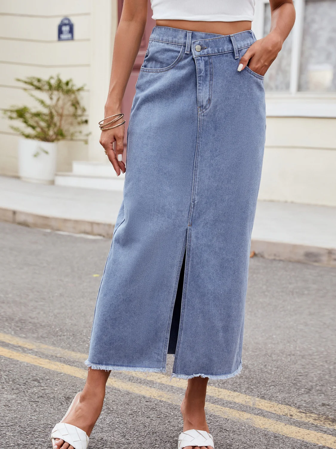 Slit Asymmetrical Waist Denim Skirt - Image 4