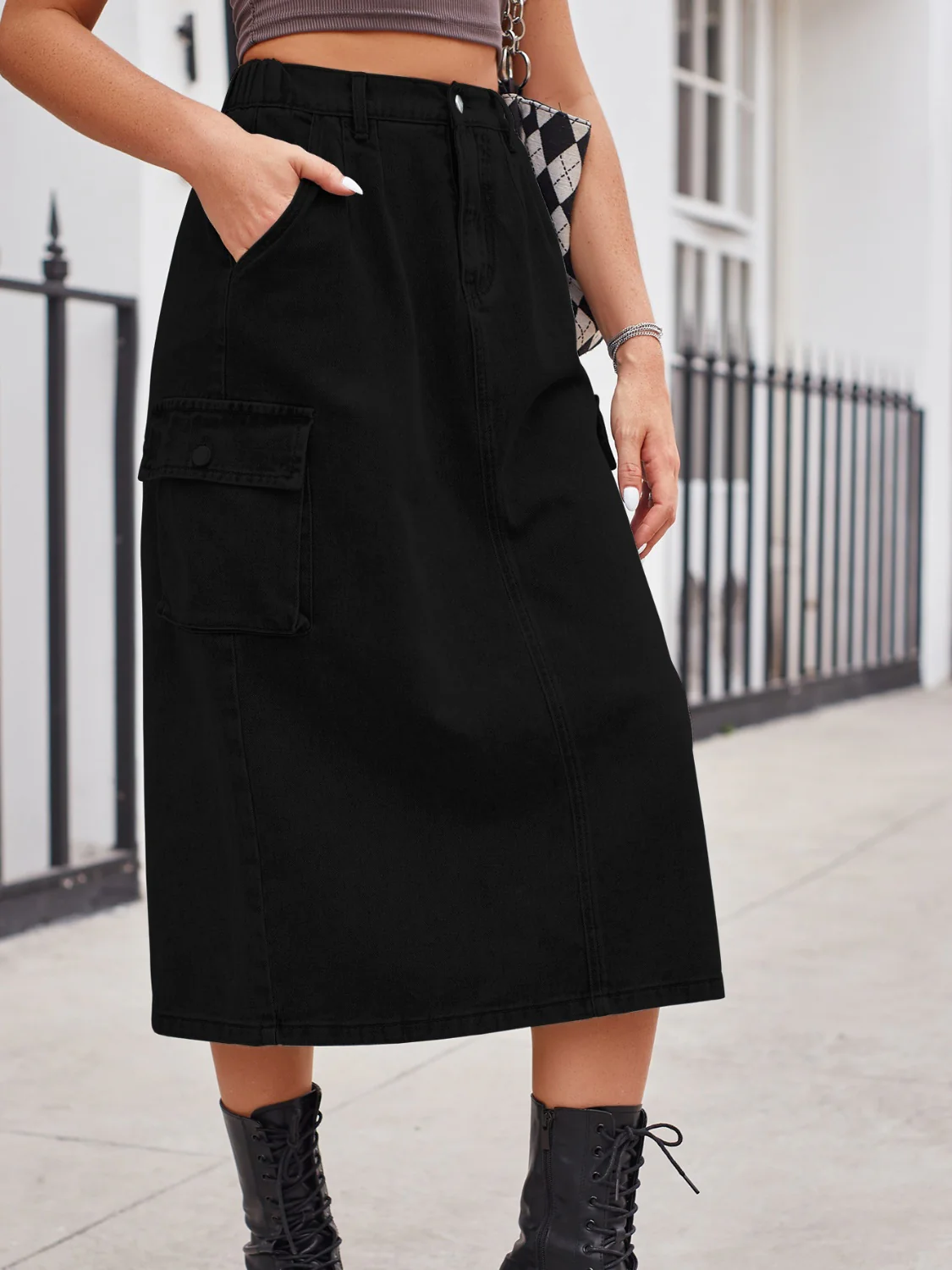 Slit Buttoned Denim Skirt with Pockets - Image 10