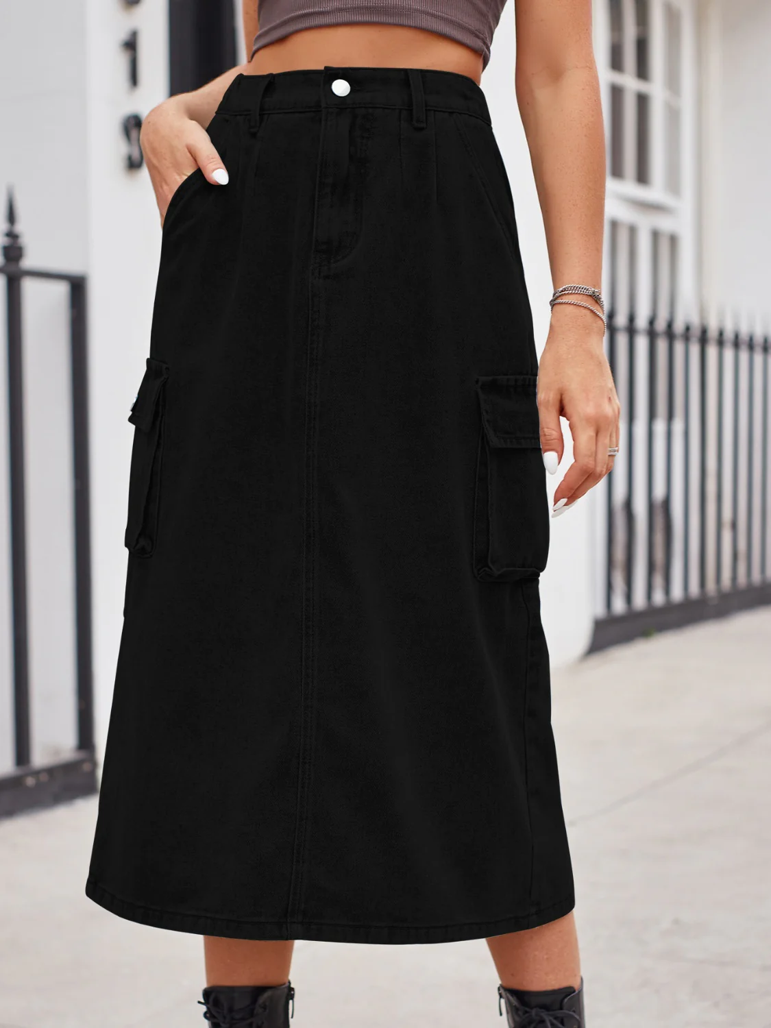 Slit Buttoned Denim Skirt with Pockets - Image 11