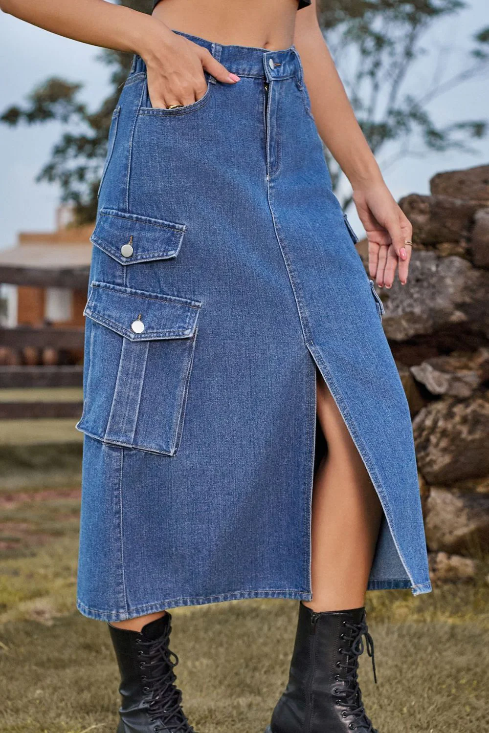 Slit Front Midi Denim Skirt with Pockets - Image 3