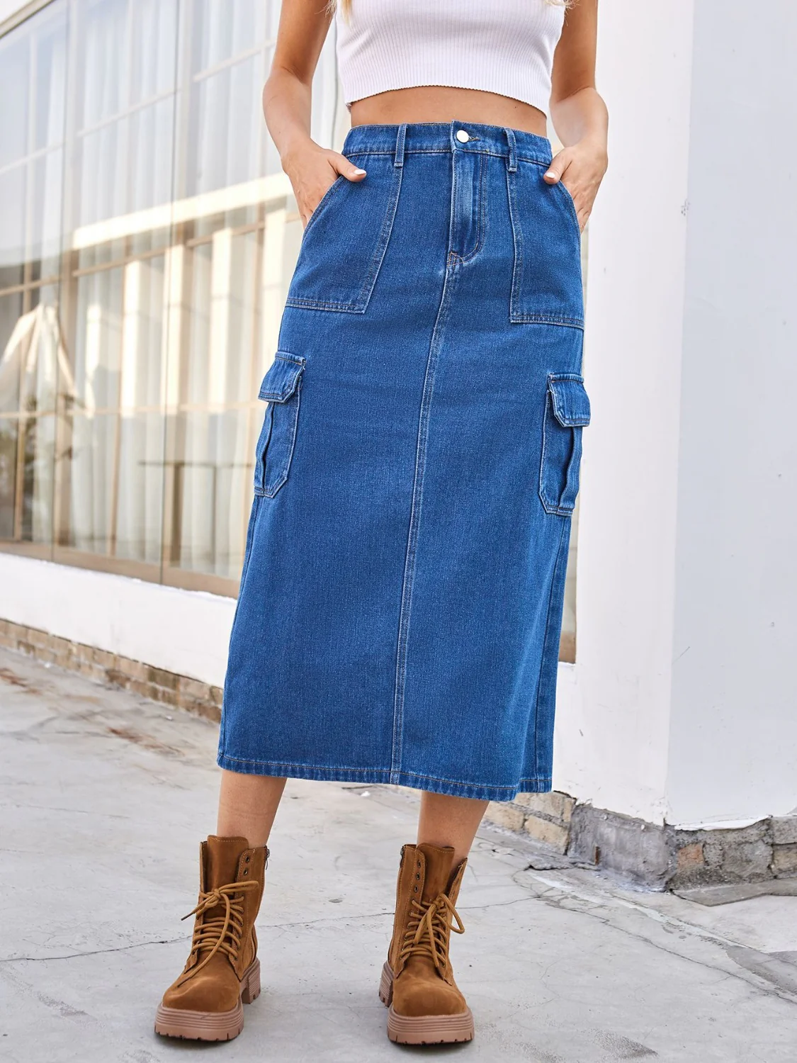 Slit Midi Denim Skirt with Pockets - Image 3
