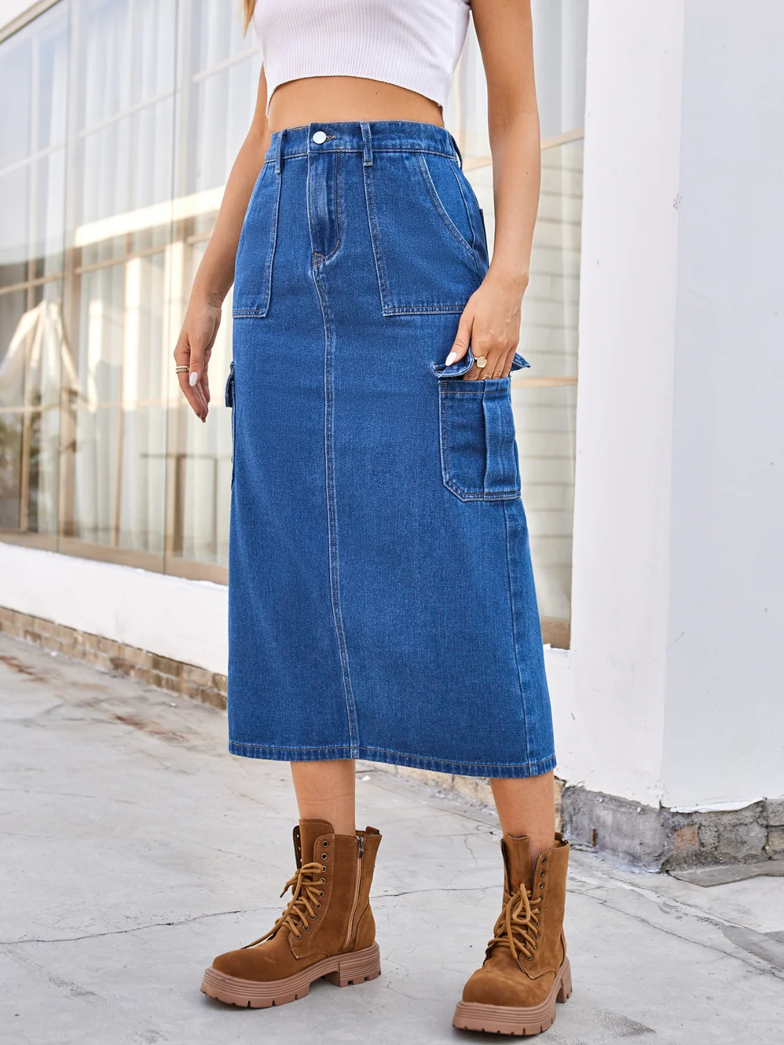 Slit Midi Denim Skirt with Pockets - Image 4