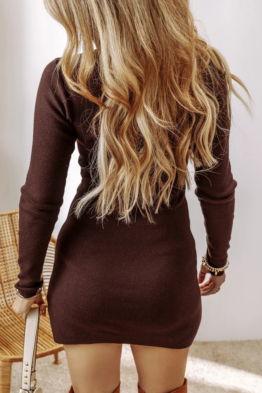 Slit Mock Neck Long Sleeve Wrap Sweater Dress - Image 3
