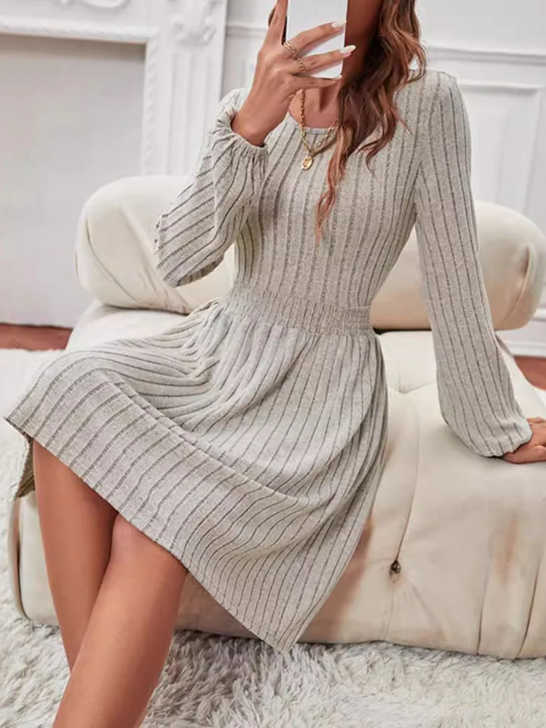 Smocked Round Neck Long Sleeve Knee Length Dress - Image 6