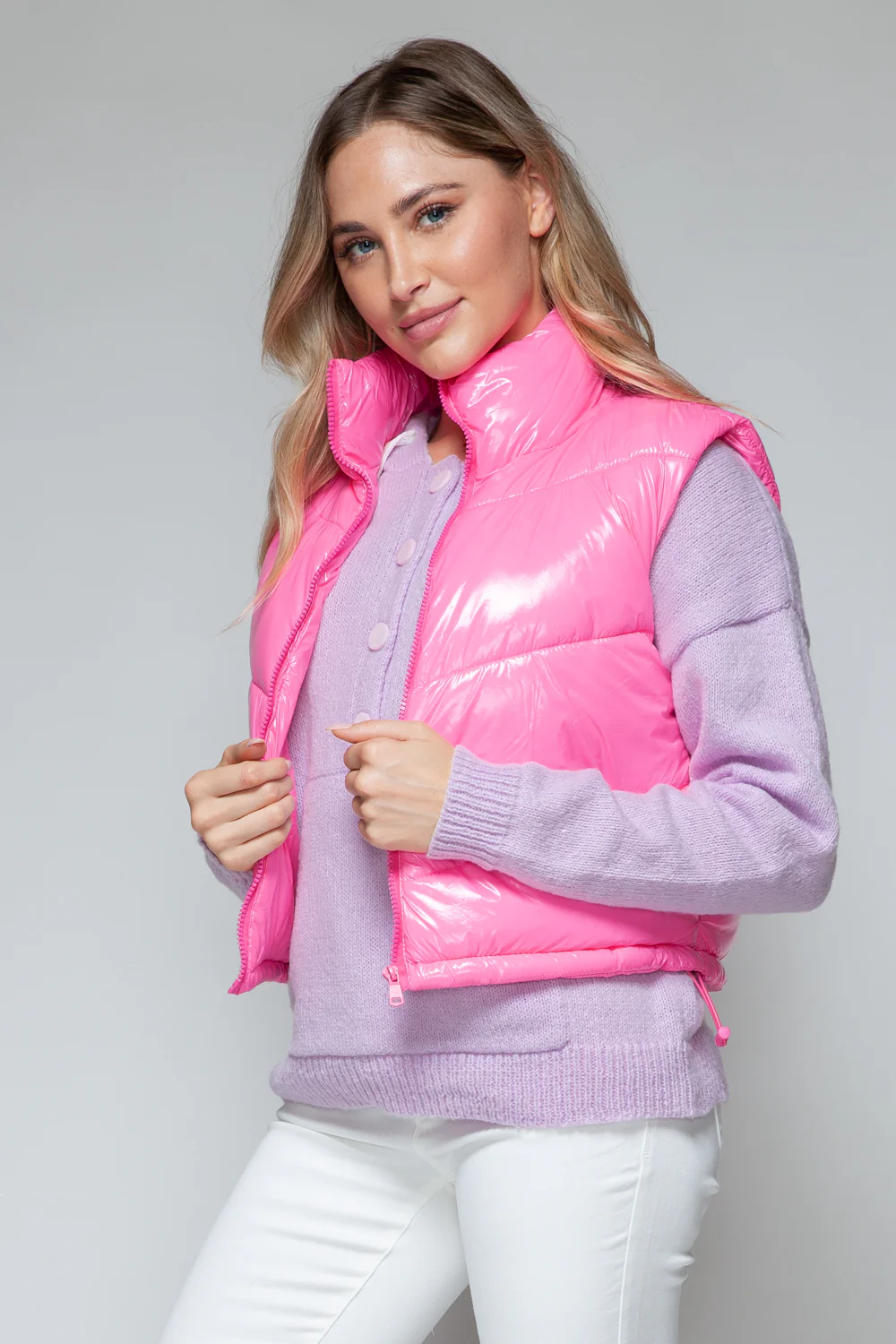Snobbish Zip Up Turtleneck Shiny Quilted Vest - Image 5