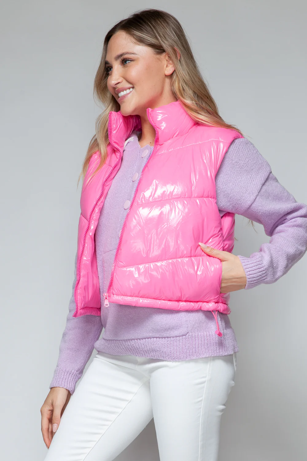 Snobbish Zip Up Turtleneck Shiny Quilted Vest - Image 6