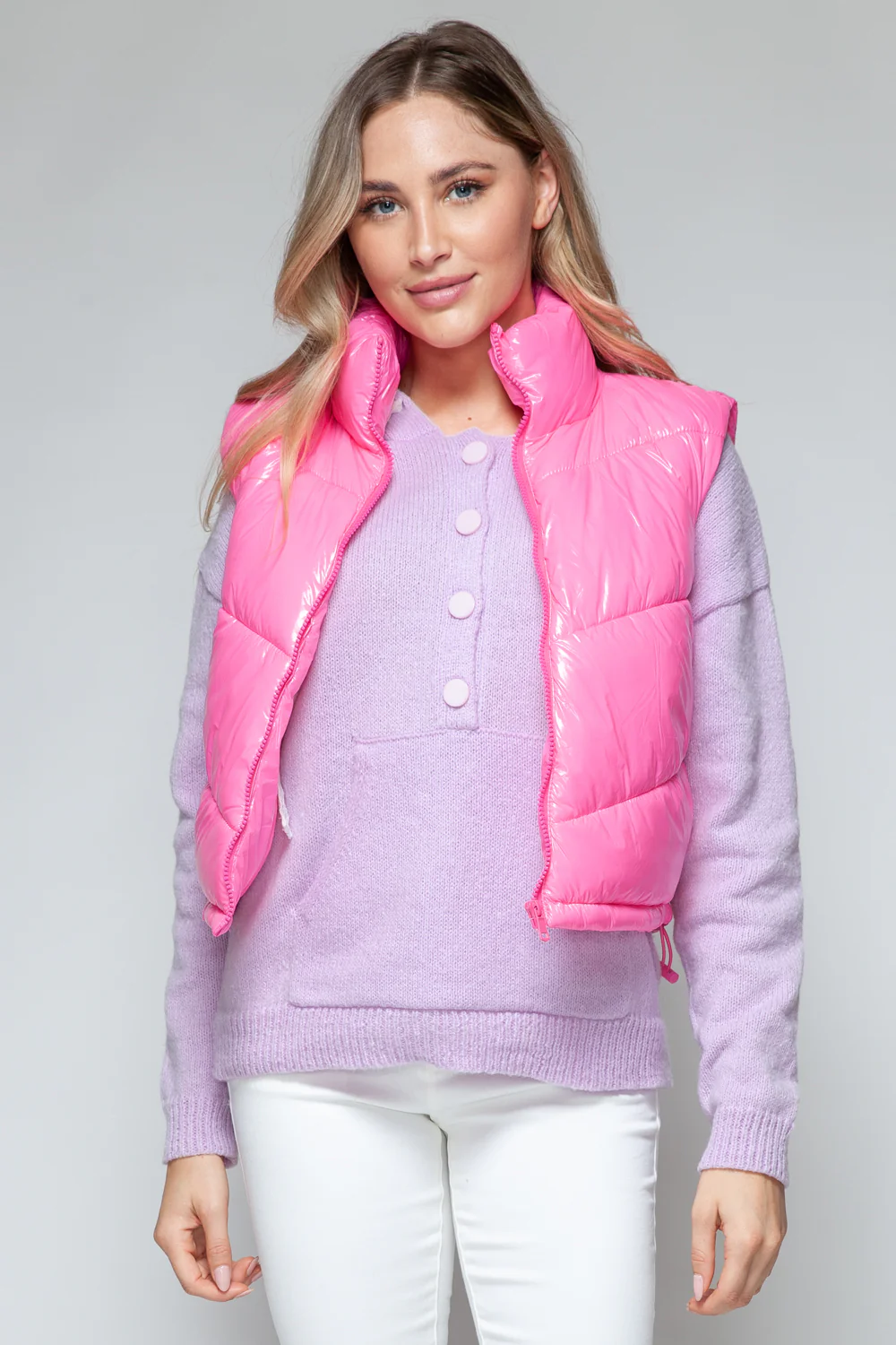 Snobbish Zip Up Turtleneck Shiny Quilted Vest - Image 7