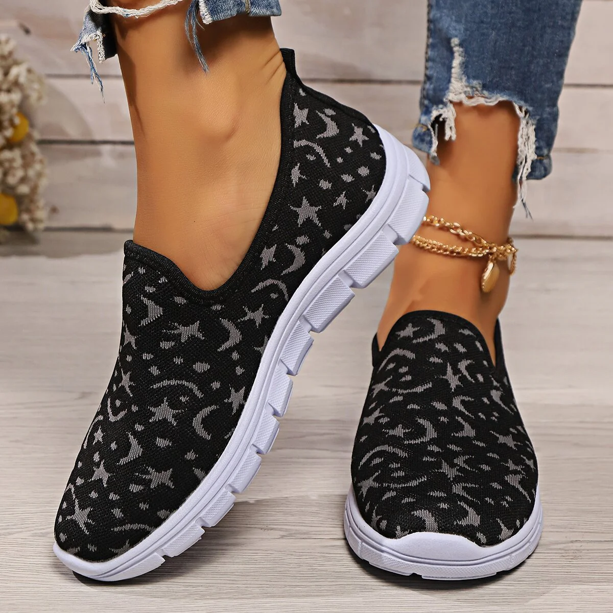 Star & Moon Pattern Flat Loafers - Image 3