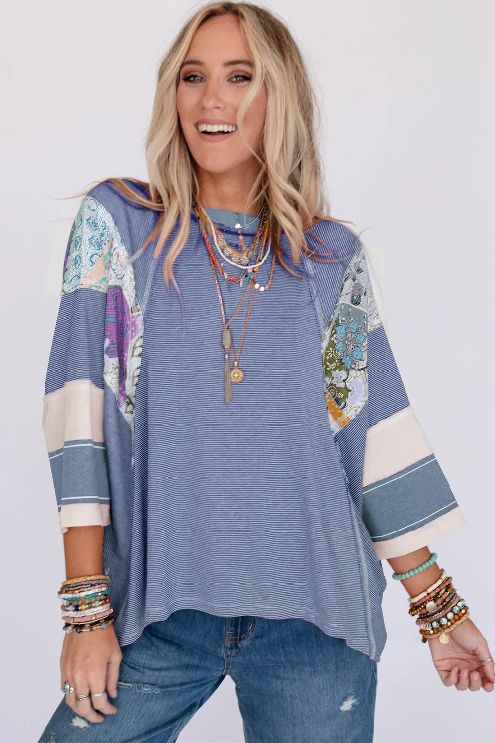 Striped Floral Patchwork Round Neck Top - Image 17