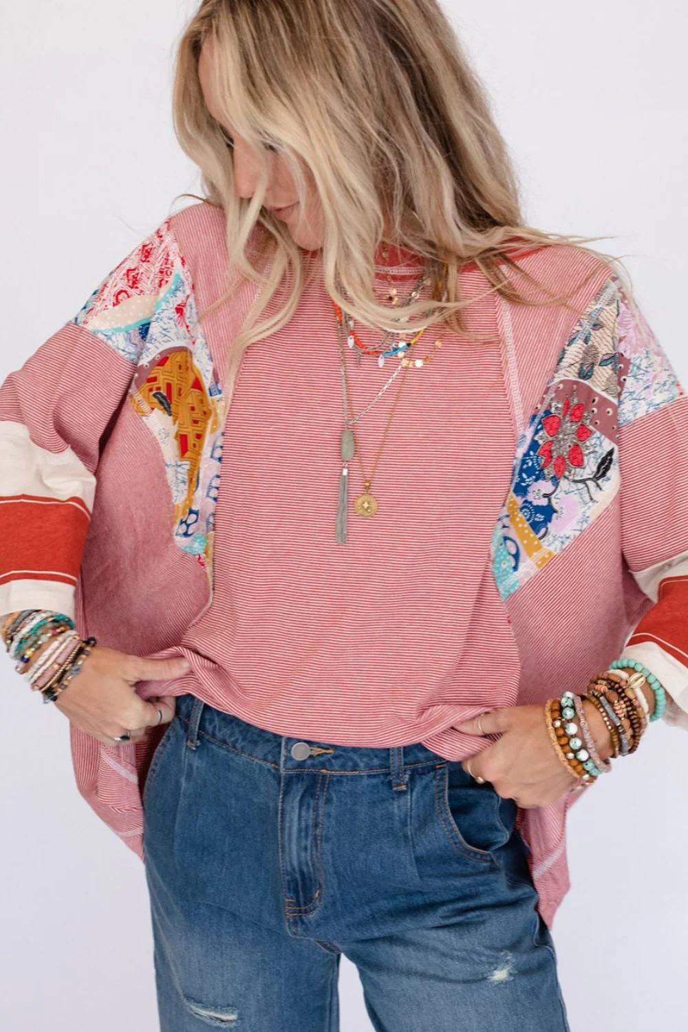 Striped Floral Patchwork Round Neck Top - Image 3