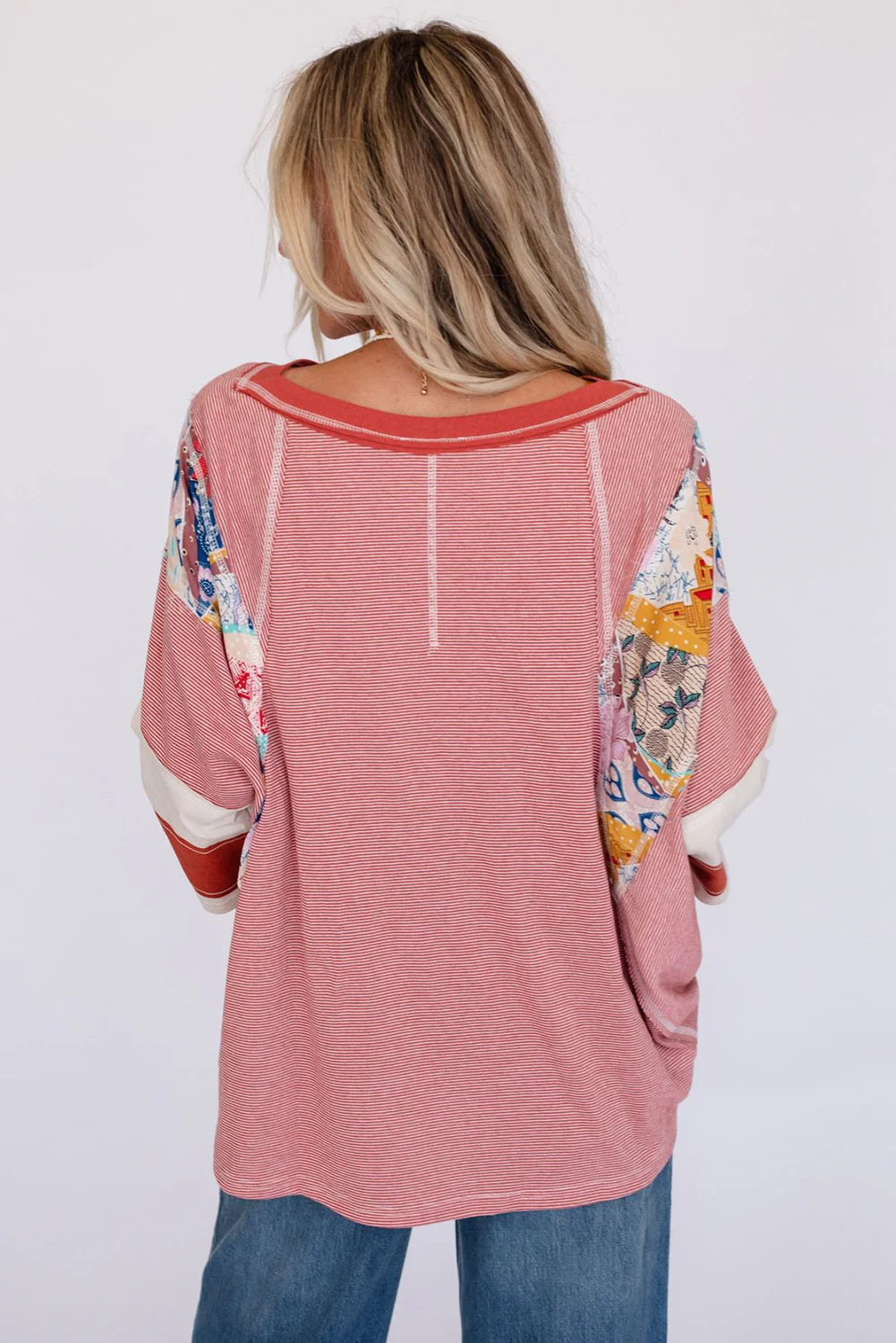 Striped Floral Patchwork Round Neck Top - Image 4