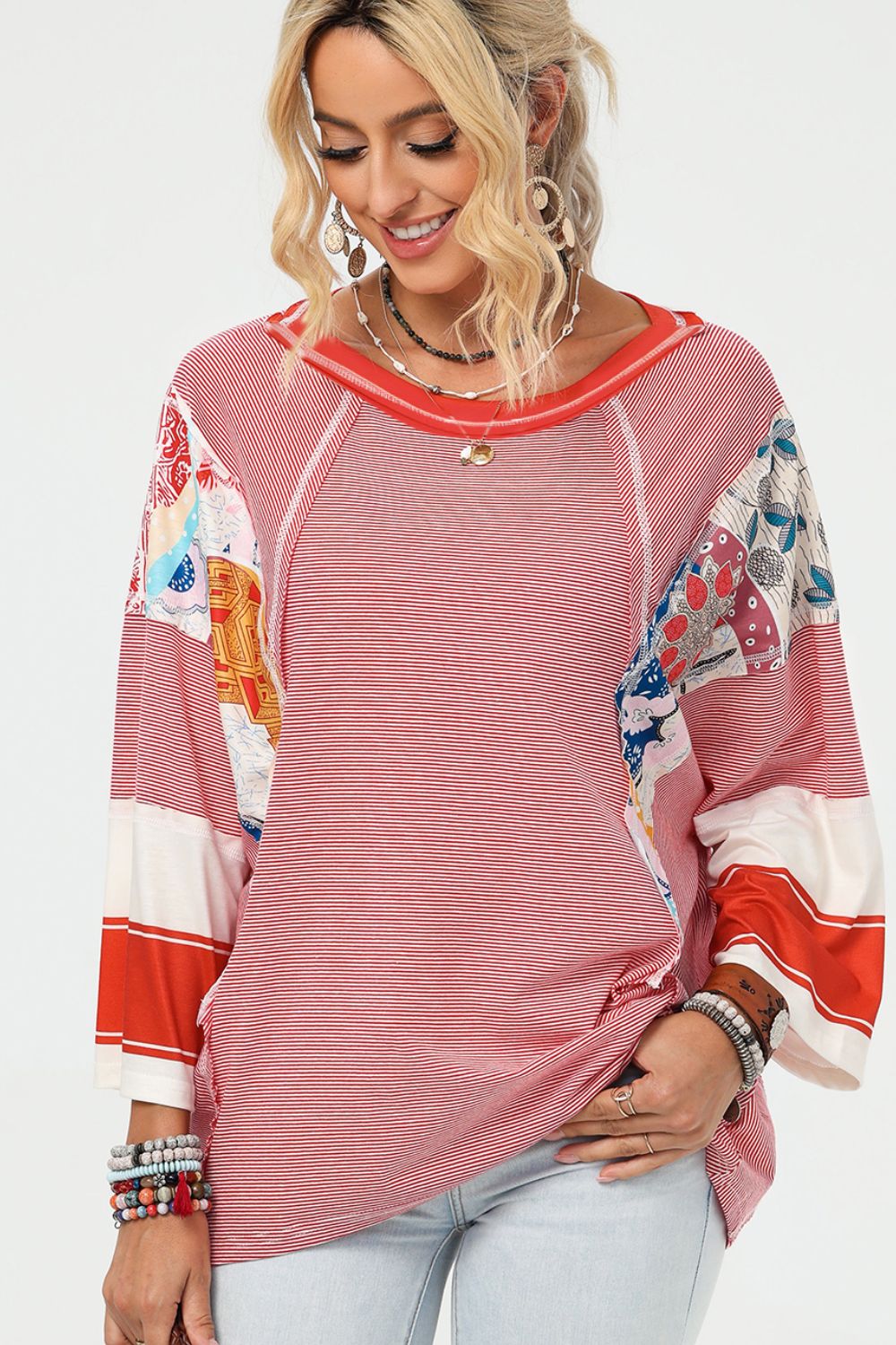 Striped Floral Patchwork Round Neck Top - Image 6