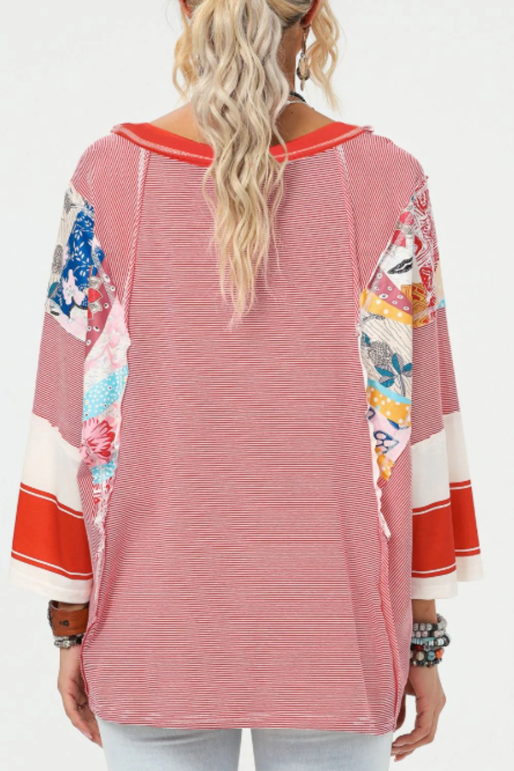 Striped Floral Patchwork Round Neck Top - Image 7