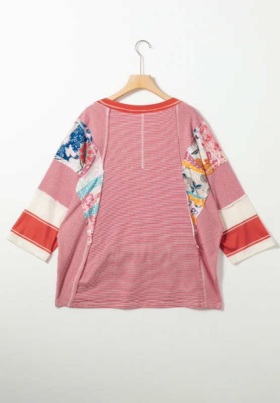 Striped Floral Patchwork Round Neck Top - Image 9