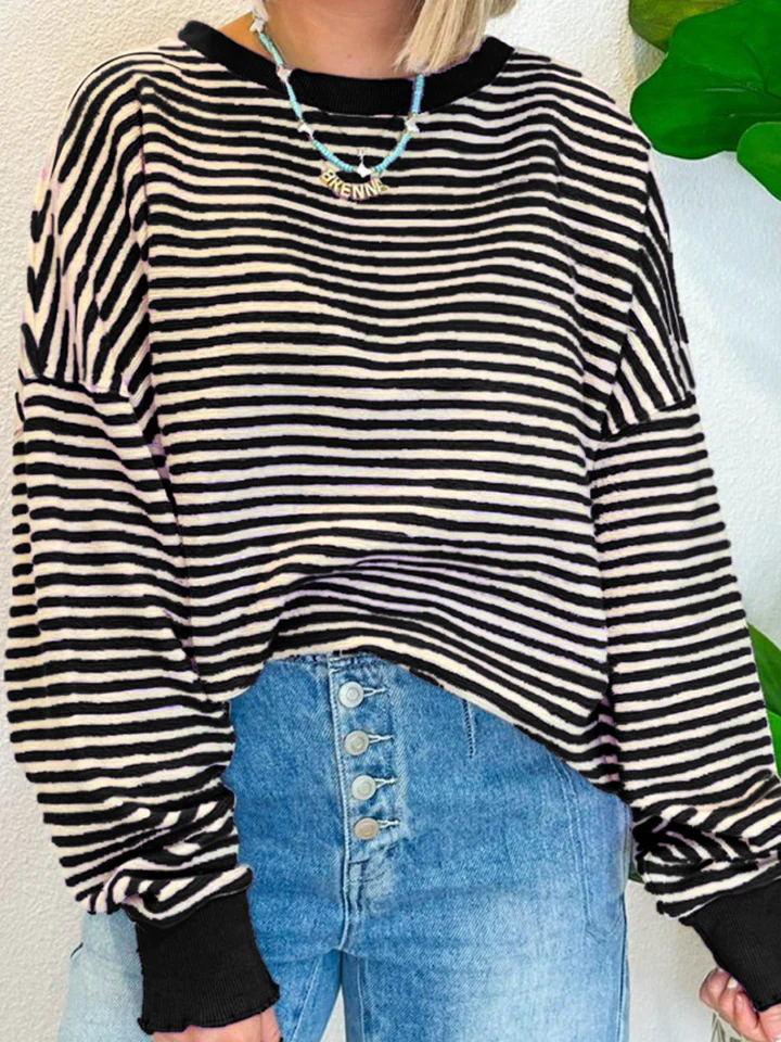 Striped Round Neck Long Sleeve Sweatshirt - Image 21