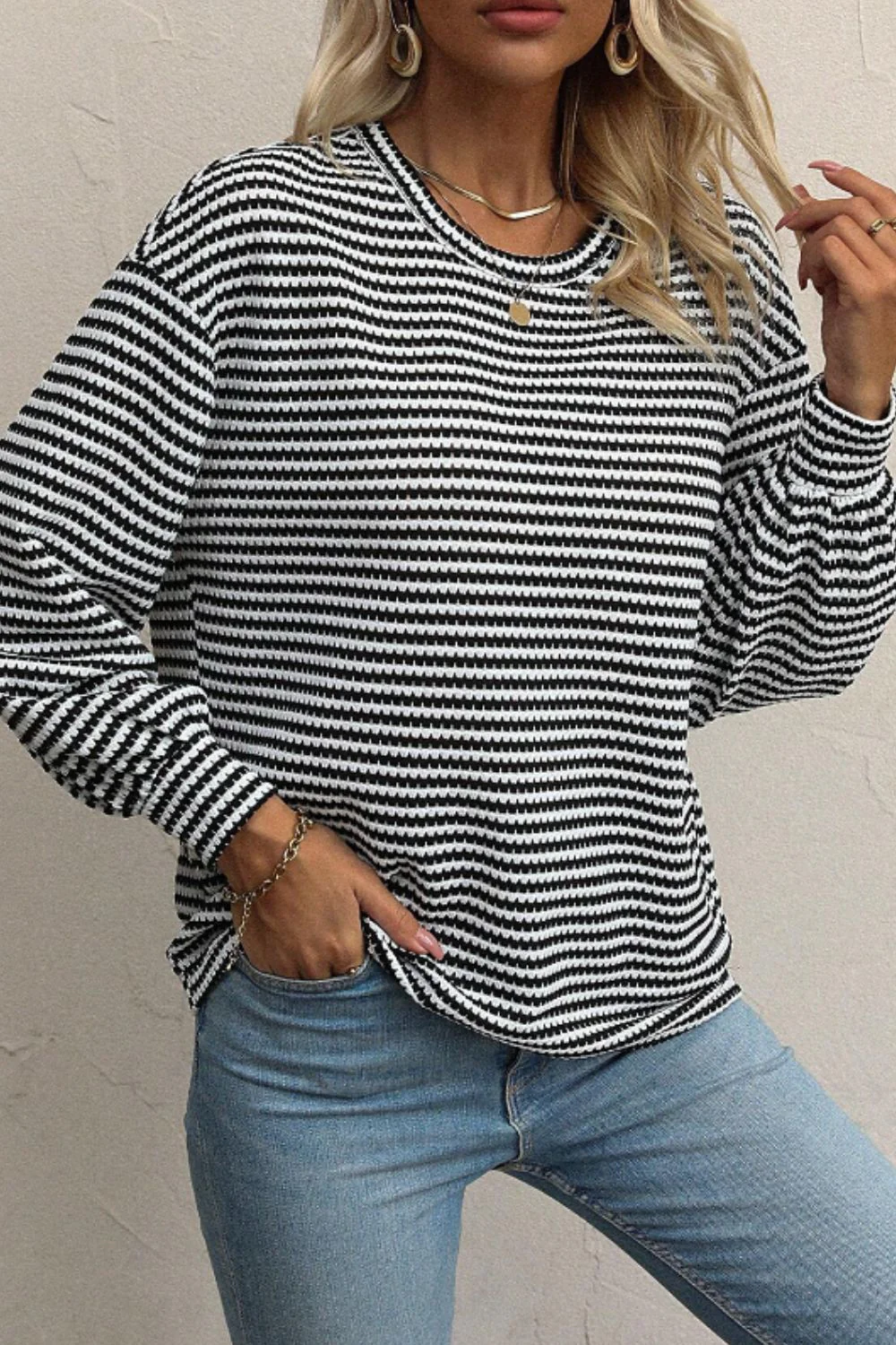 Striped Round Neck Long Sleeve Top - Image 3