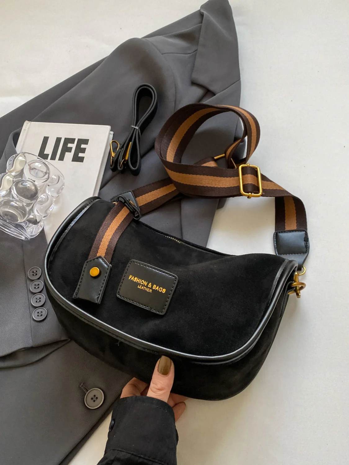 Suede Adjustable Strap Shoulder Bag - Image 13