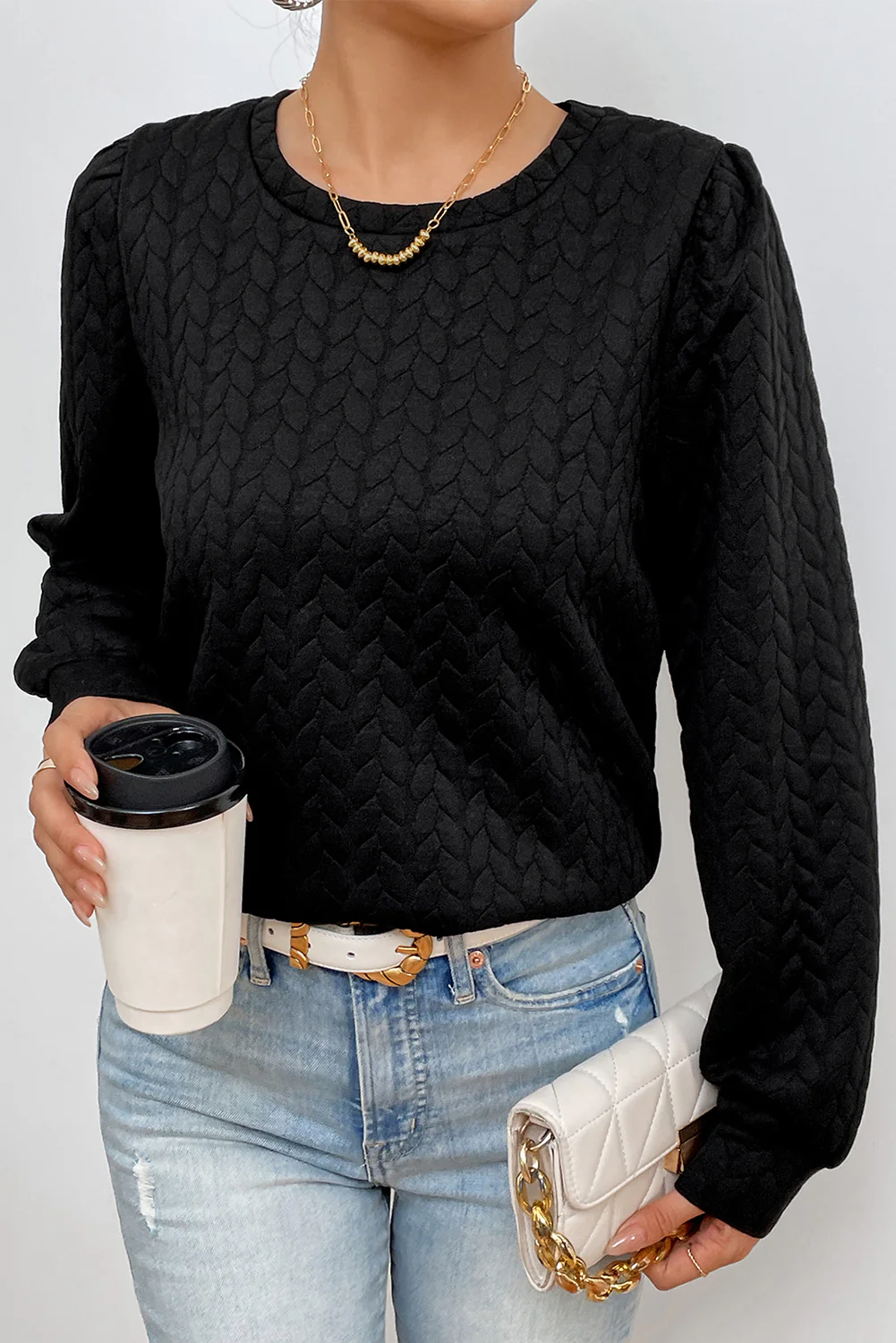 Texture Round Neck Long Sleeve Sweatshirt - Image 3