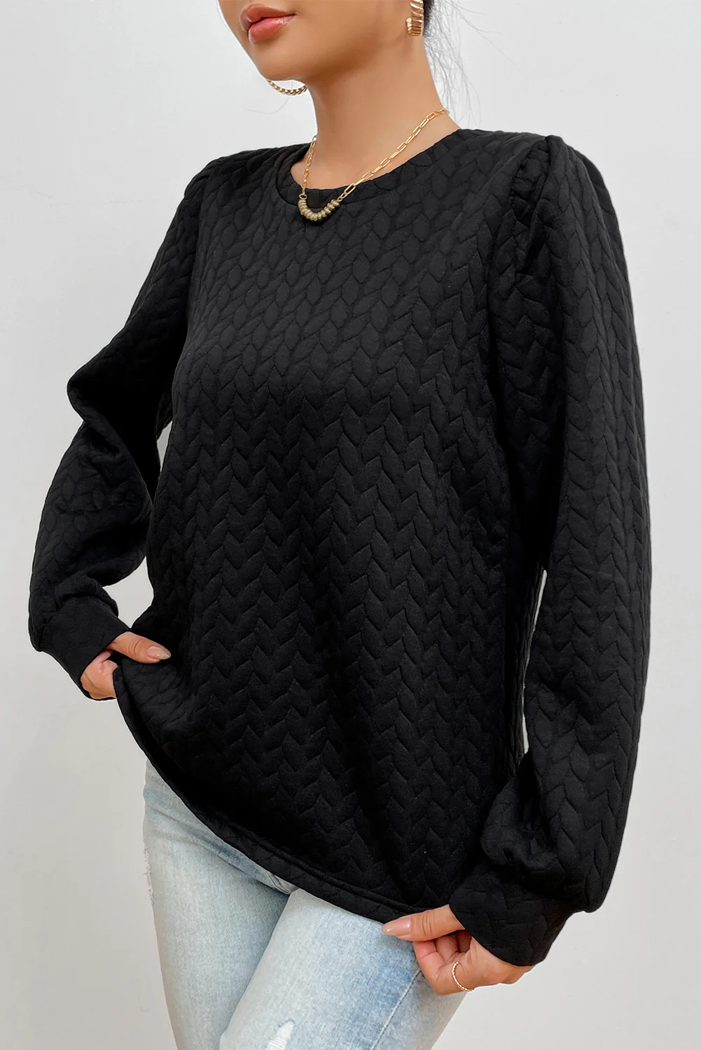 Texture Round Neck Long Sleeve Sweatshirt - Image 4