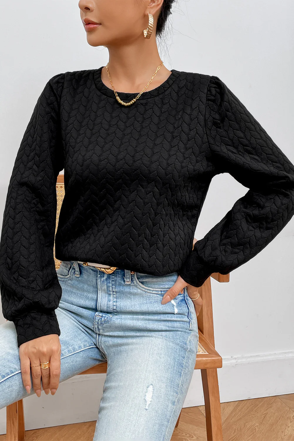 Texture Round Neck Long Sleeve Sweatshirt - Image 5