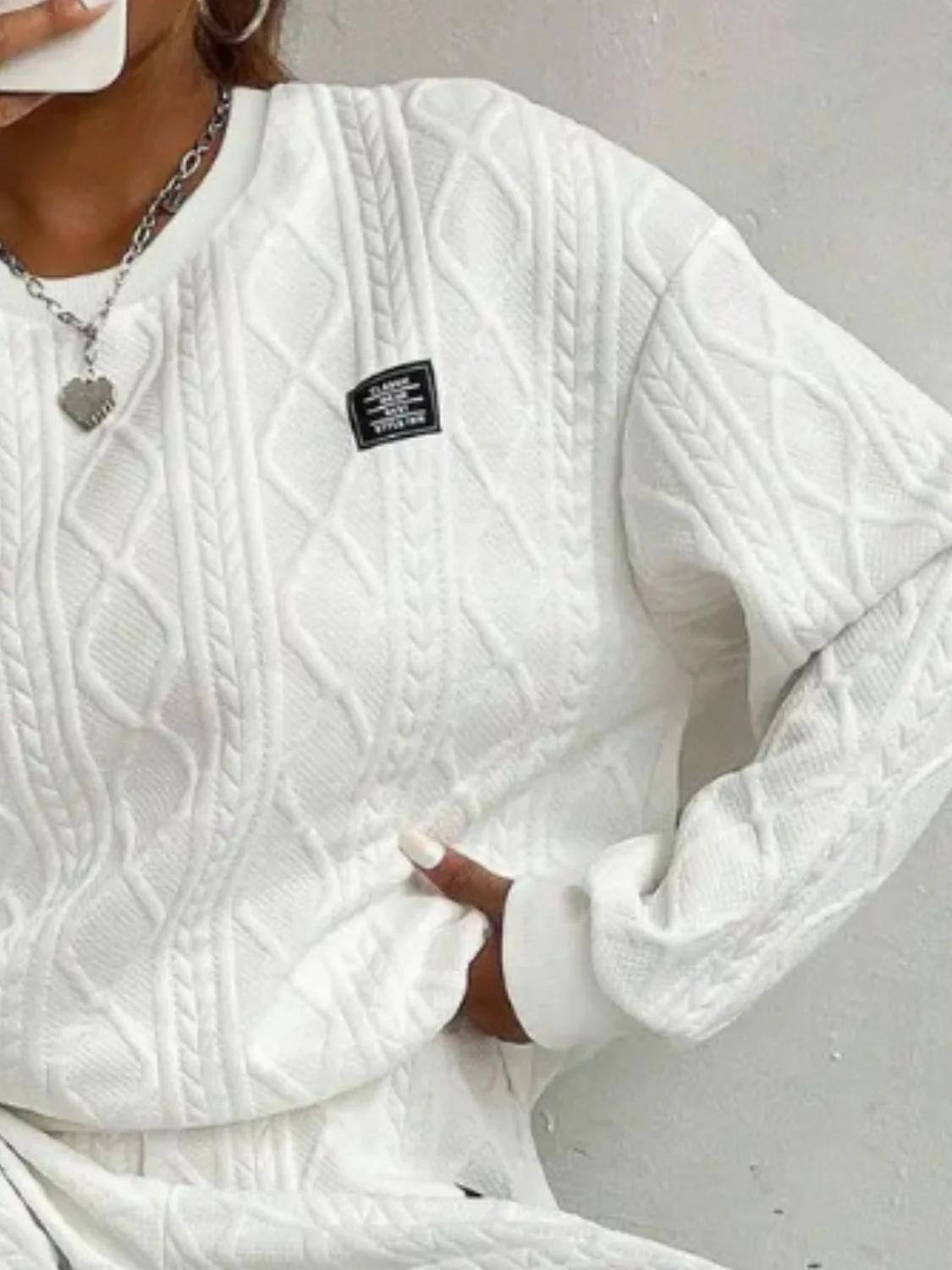 Texture Round Neck Long Sleeve Top and Pants Set - Image 11