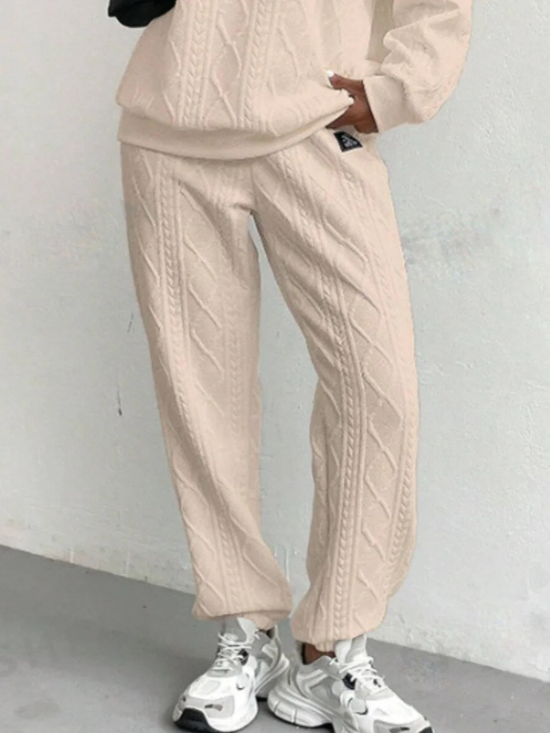 Texture Round Neck Long Sleeve Top and Pants Set - Image 3