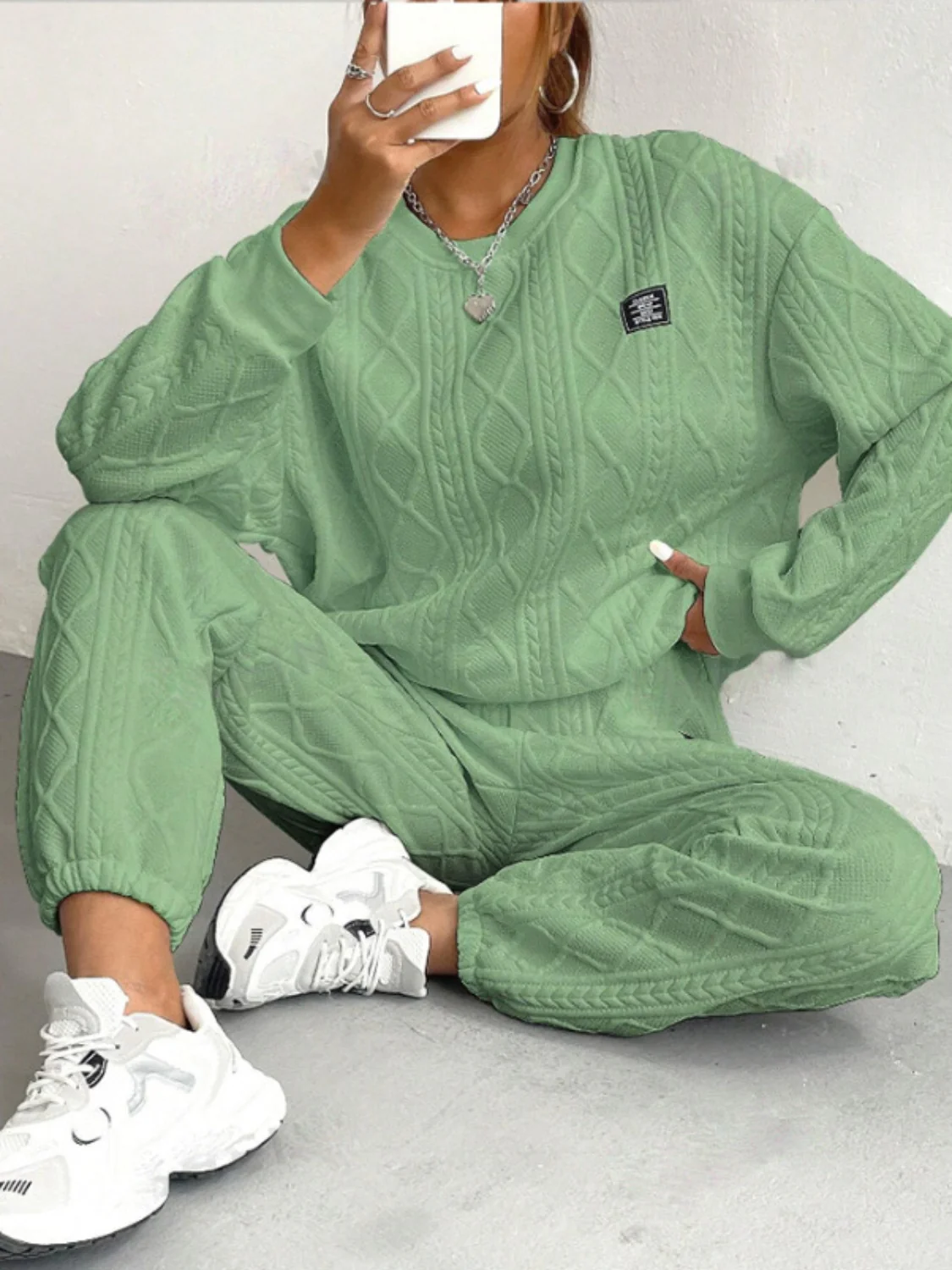 Texture Round Neck Long Sleeve Top and Pants Set - Image 5