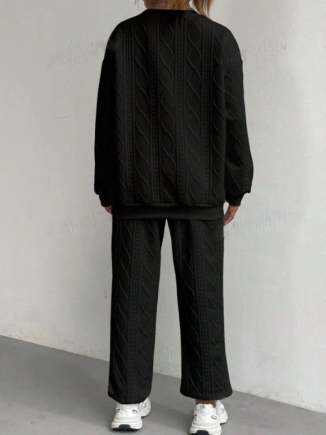 Texture Round Neck Long Sleeve Top and Pants Set - Image 9