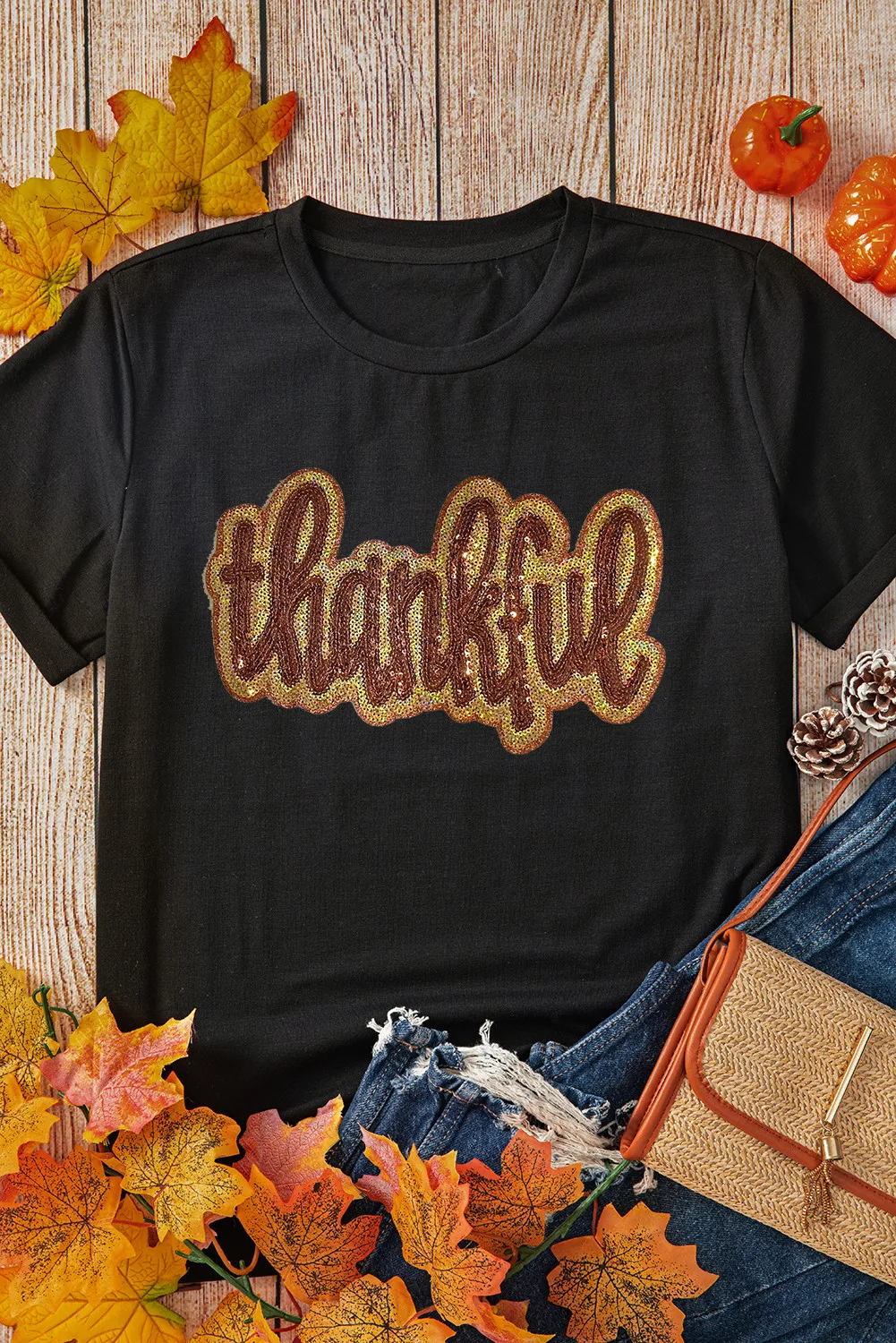 THANKFUL Sequin Round Neck Short Sleeve T-Shirt - Image 3