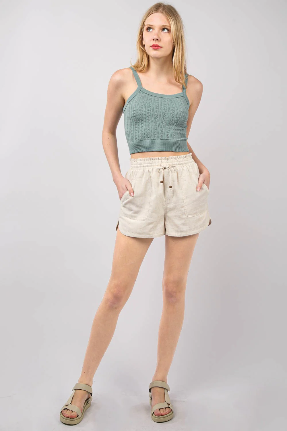VERY J Drawstring Elastic Waist Linen Shorts - Image 4
