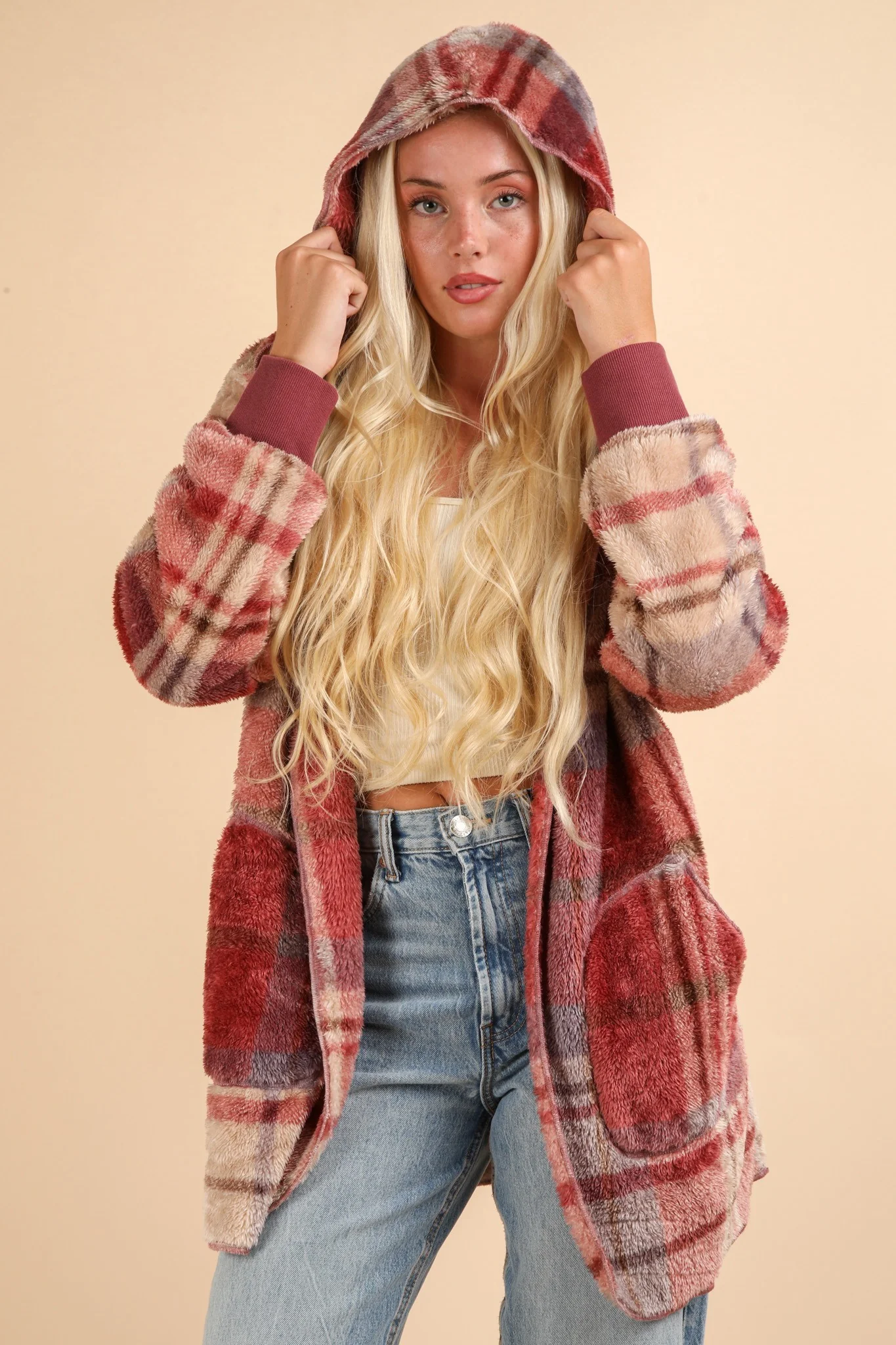 VERY J Fuzzy Plaid Long Sleeve Hooded Jacket - Image 3